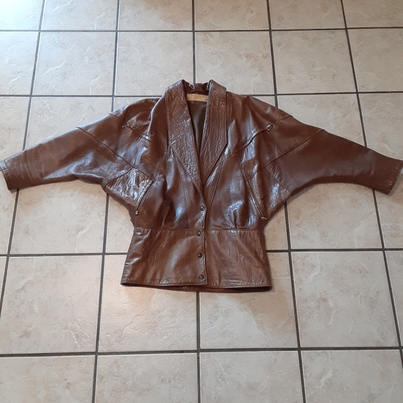 💥SALE💥 Vtg Miki  Martin Dolman Sleeve Brown Leather Batwing Aviator Jacket Med - Picture 3 of 17